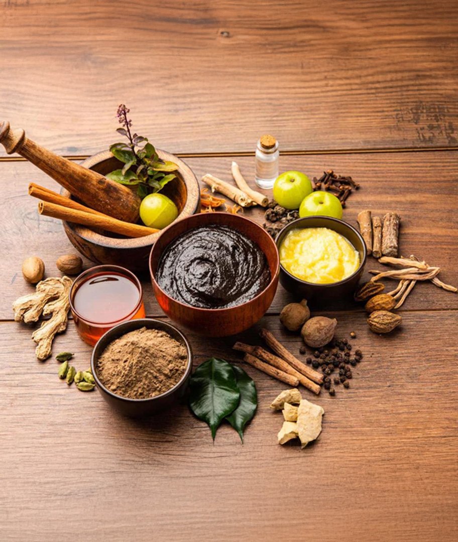 An image of products use in Ayurveda, a mix of Science and tradition